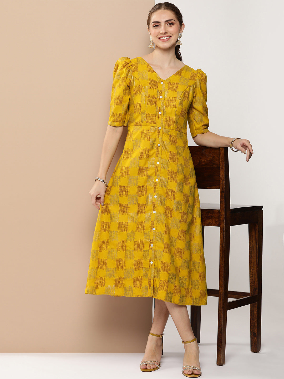 Bollywood Vogue Ready To Wear Mustard Rayon Printed A-Line Dress - Front View
