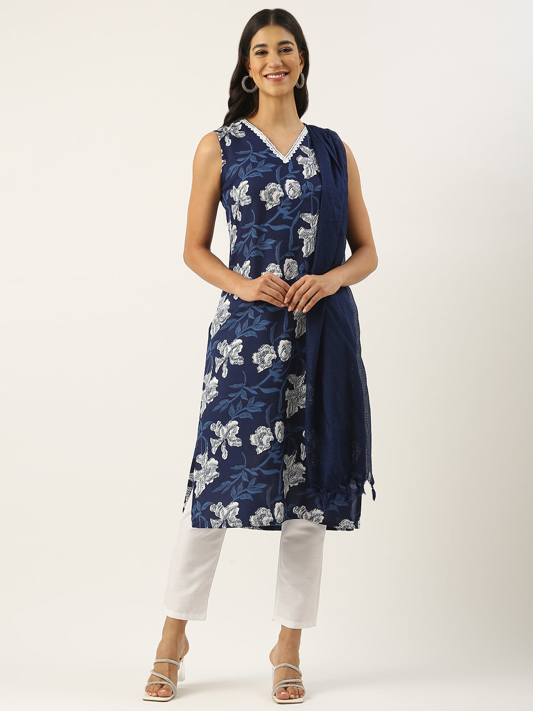 Bollywood Vogue Ready To Wear Blue Rayon Mill Printed Straight Pant Suit - Front View