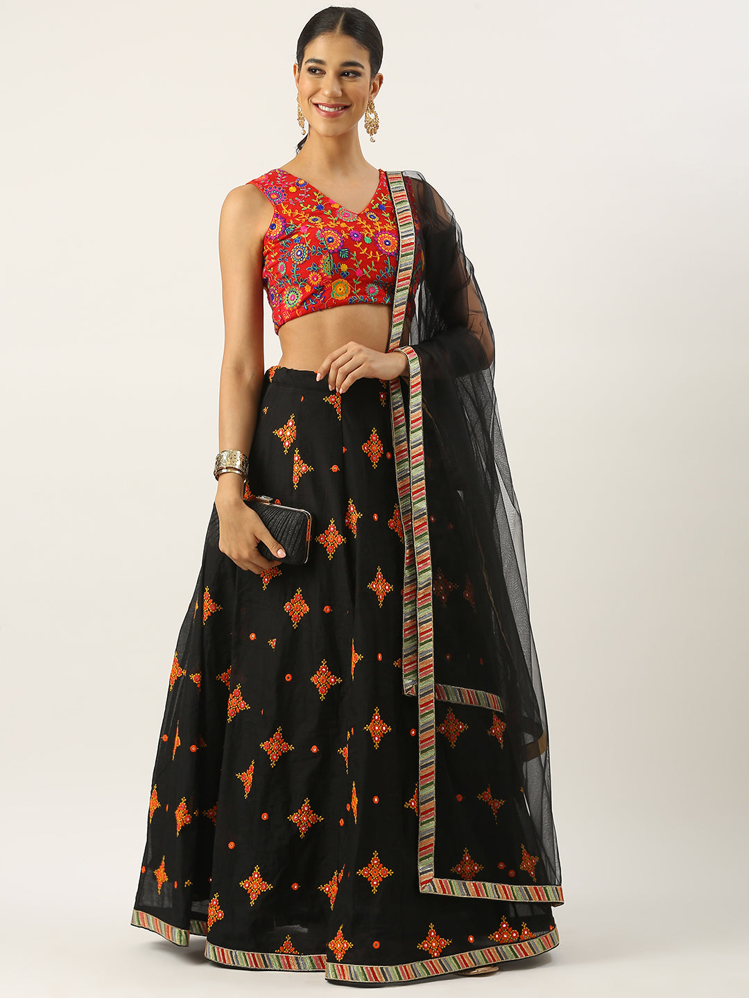 Bollywood Vogue Ready To Wear Red N Black Embroidered Cotton Lehenga Set - Detail View