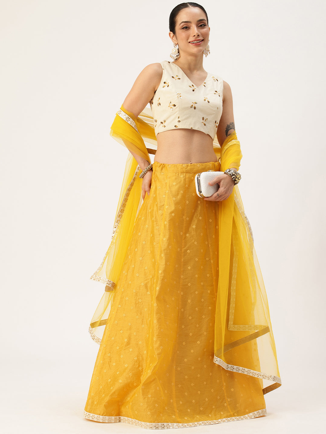 Bollywood Vogue Ready To Wear Off White N Mustard Embroidered Cotton Lehenga Set - Detail View