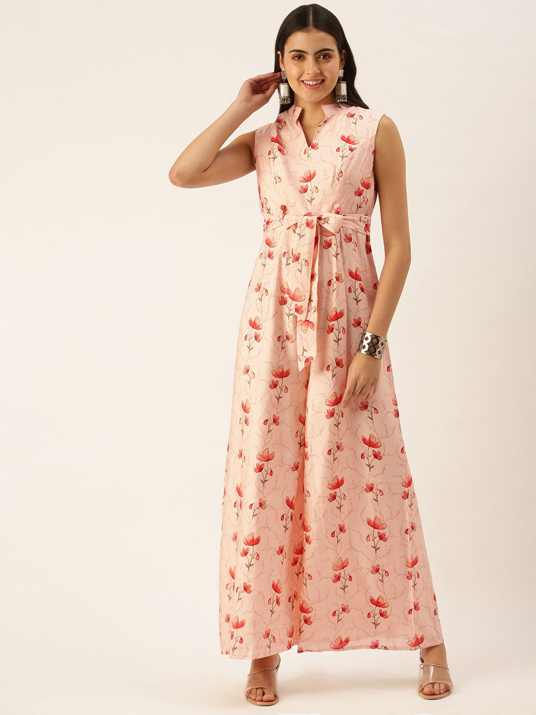 Bollywood Vogue Ready To Wear Off White Chanderi Modal Satin Collar Neck Jumpsuit - Front View
