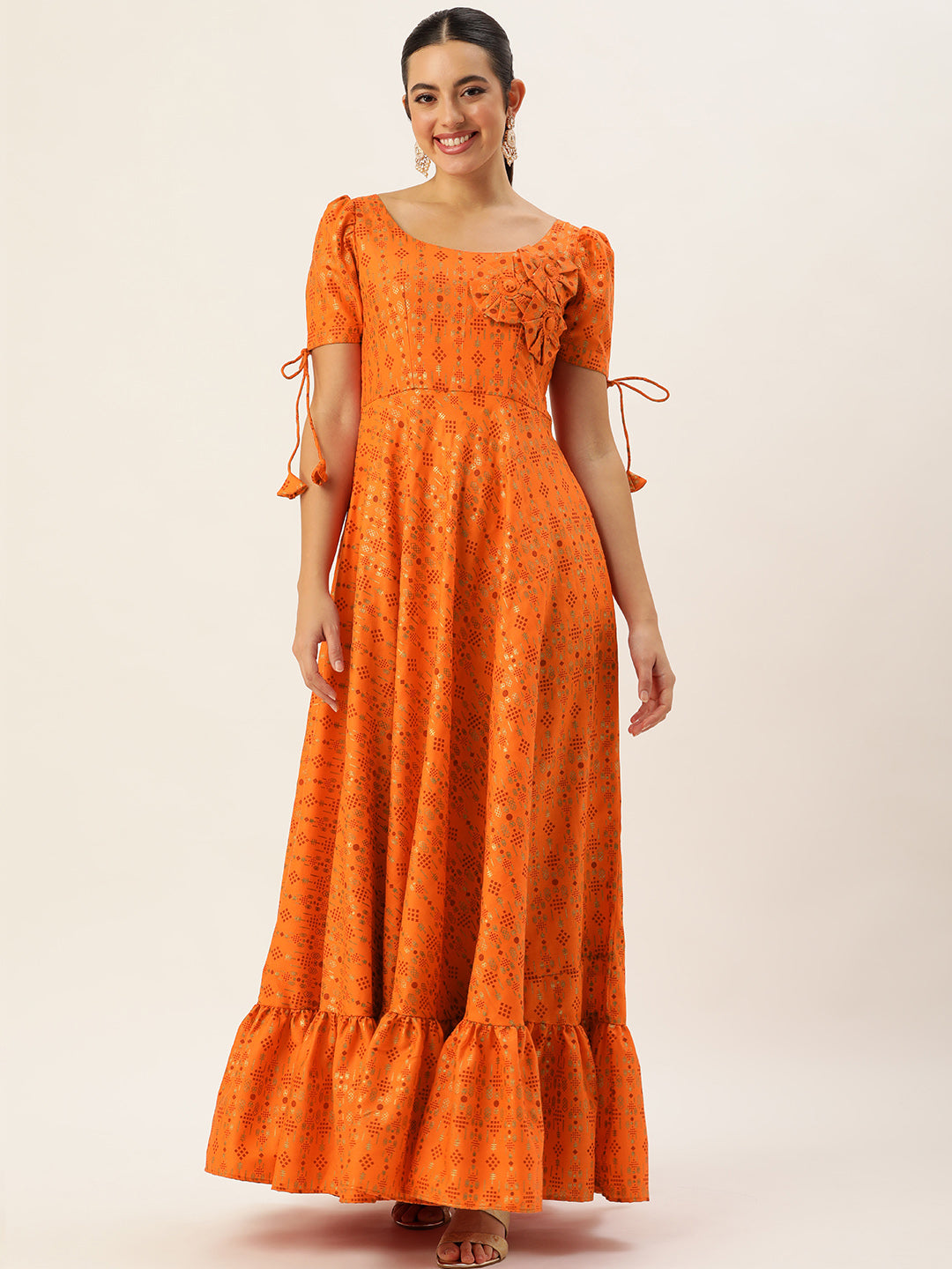 Bollywood Vogue Ready To Wear Orange Rayon Applique Design Gown - Detail View
