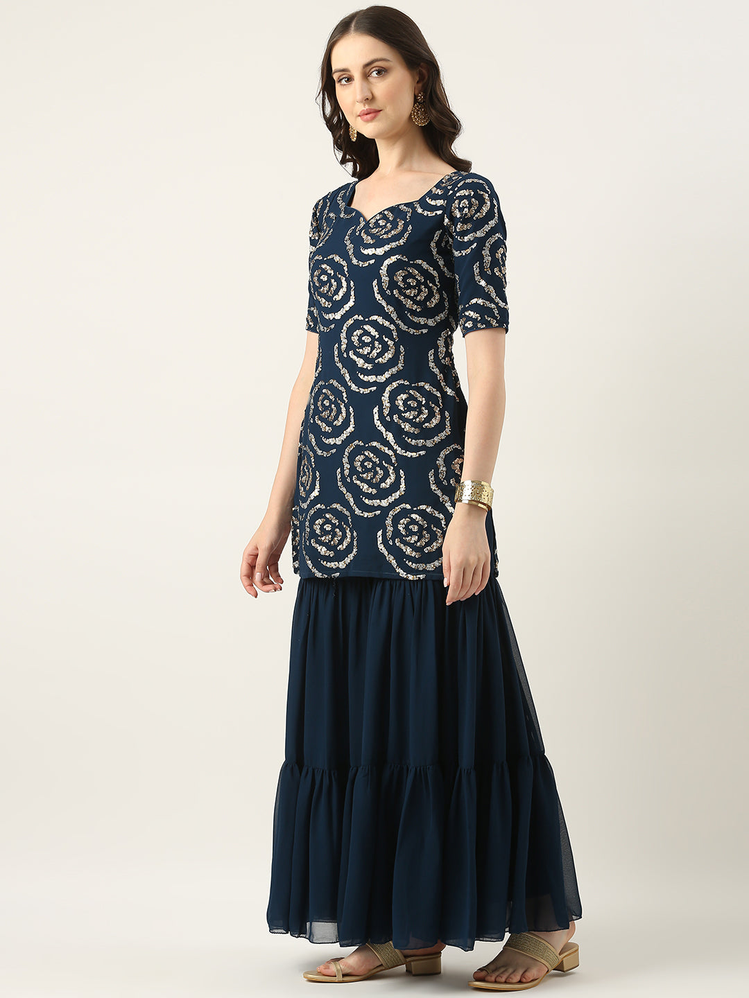 Bollywood Vogue Ready To Wear Navy Blue Georgette Embroidered Gharara Suit - Side View