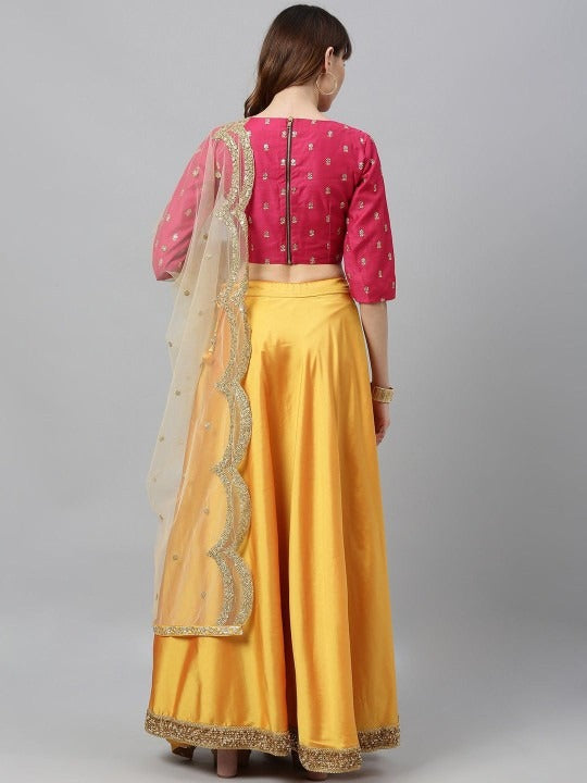 Bollywood Vogue Ready To Wear Yellow N Pink Embroidered Lehenga Set - Back View