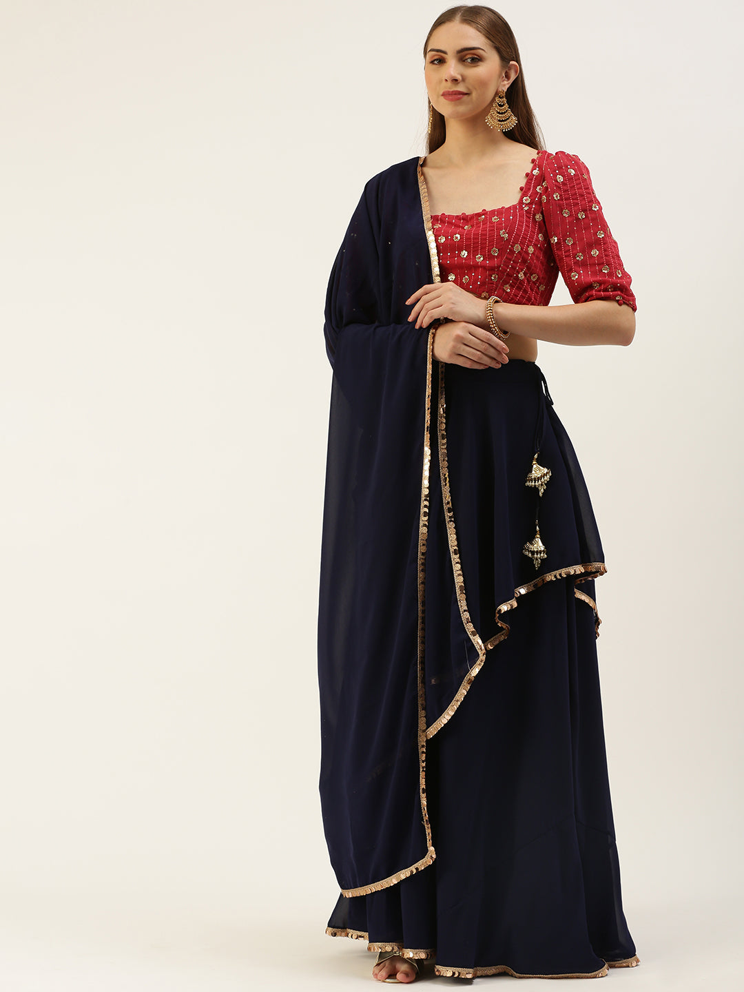 Bollywood Vogue Ready To Wear Dark Pink N Navy Blue Embroidered Lehenga - Front View