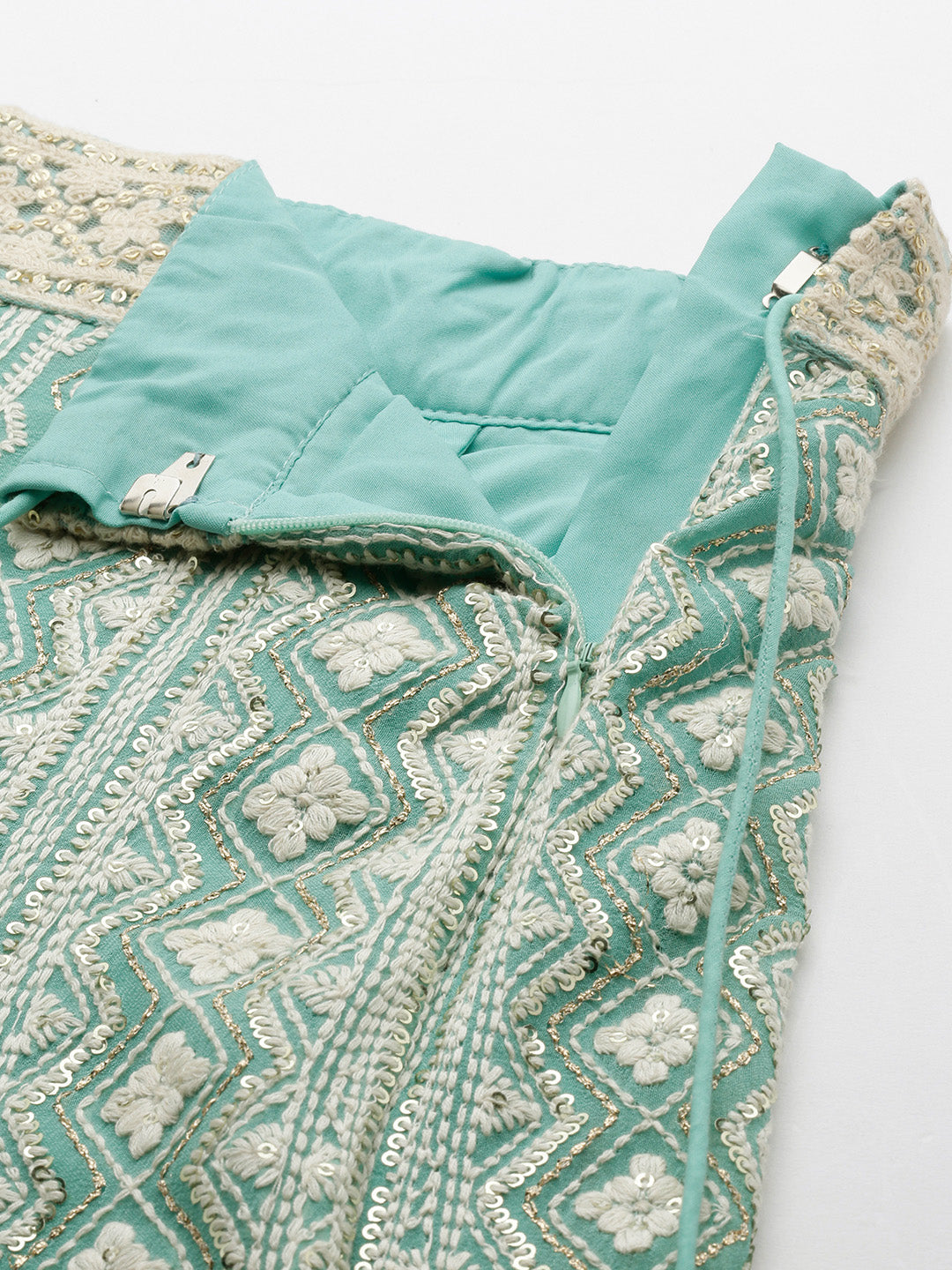 Bollywood Vogue Ready To Wear Off White N Green Embroidered Georgette Lehenga Se - Look Shot