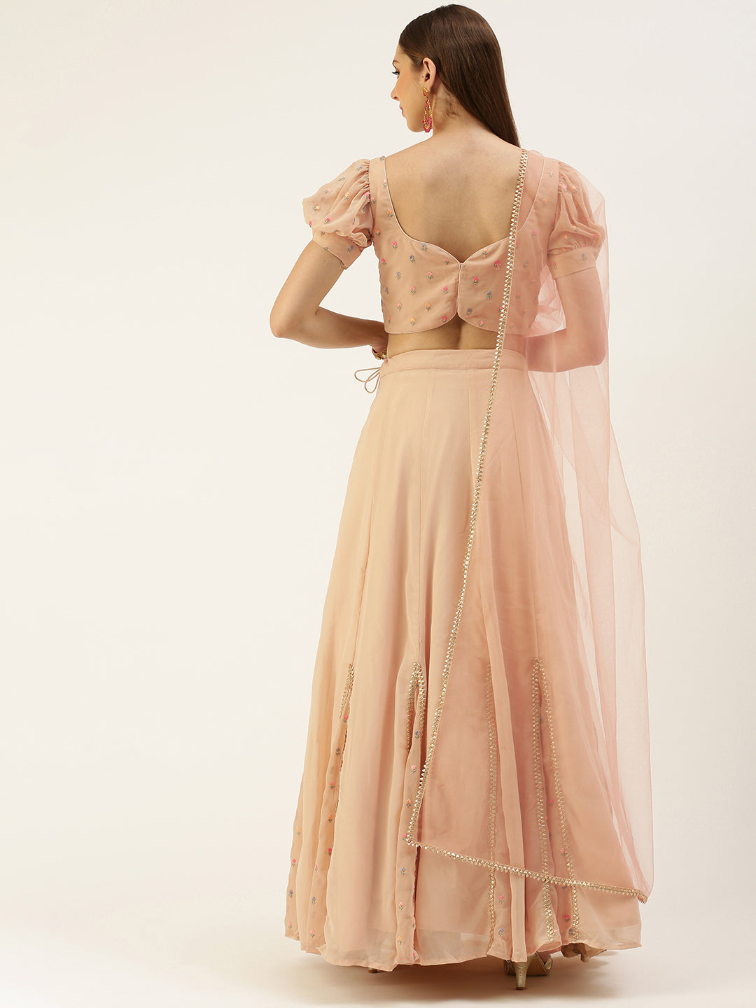 Bollywood Vogue Ready To Wear Peach Georgette Embroidered Lehenga Set - Detail View