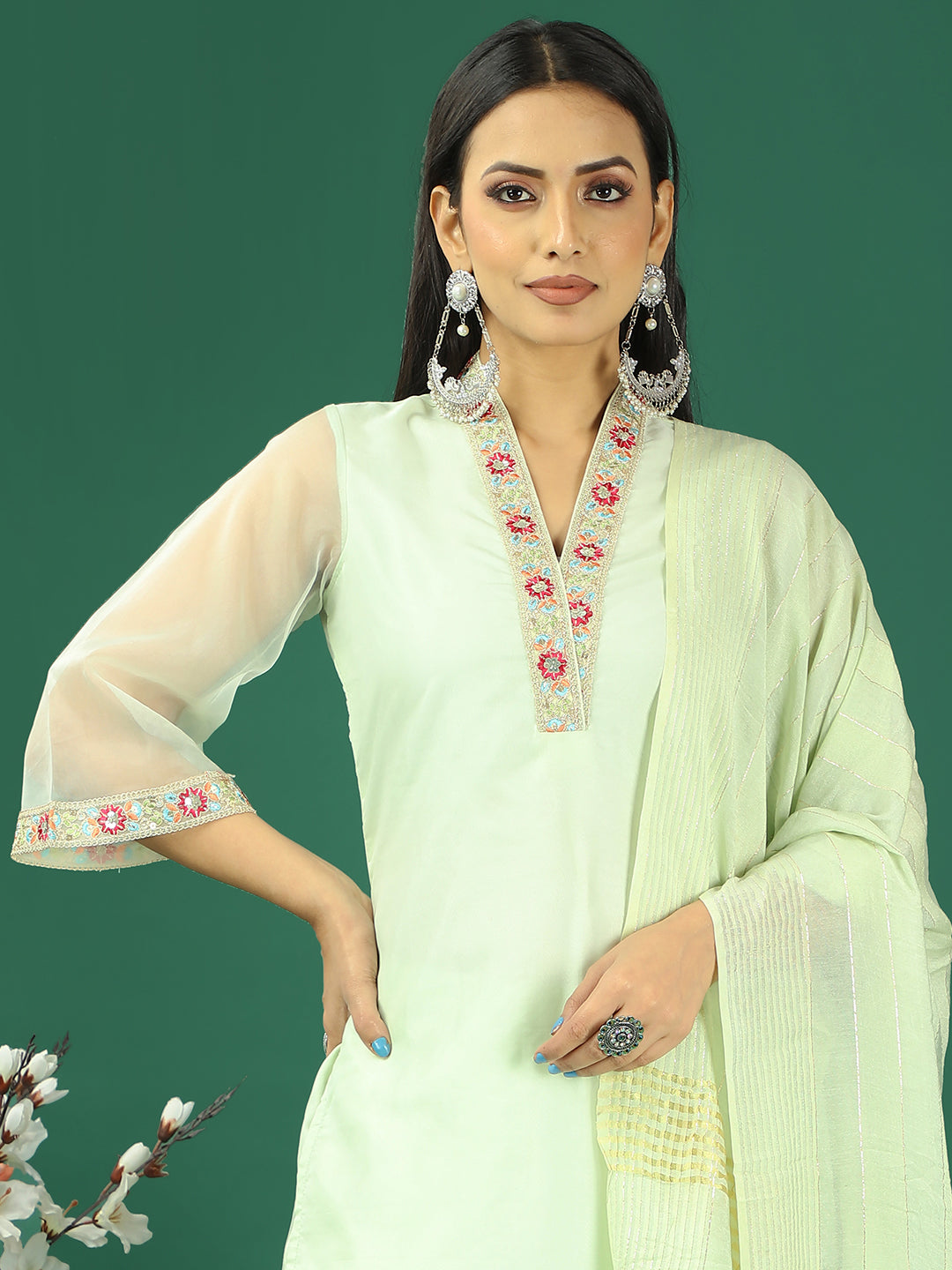 Bollywood Vogue Ready To Wear Mint Green Organza Wide Leg Pant Suit - Detail View