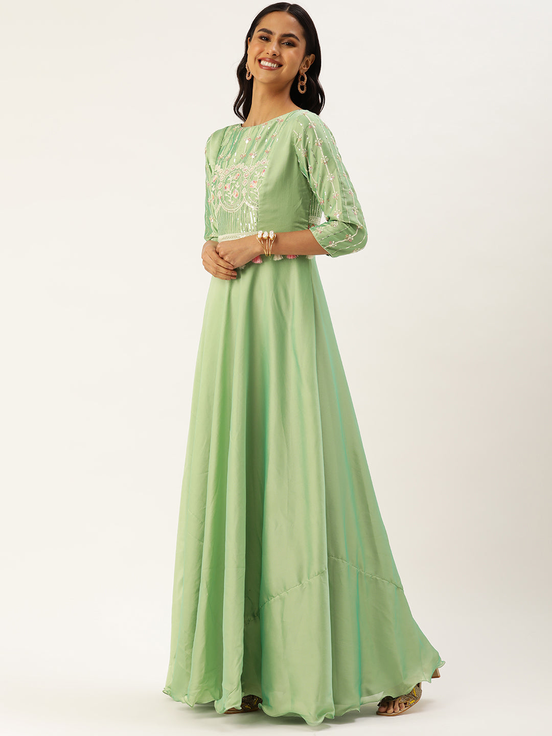 Bollywood Vogue Ready To Wear Green Art Silk Embroidered Patch Style Gown - Side View