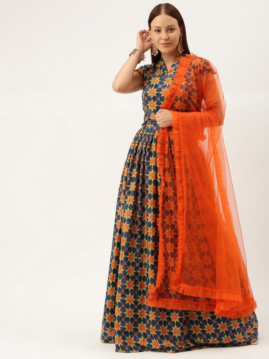 Bollywood Vogue Ready To Wear Multicolored Printed Pleated Lehenga - Side View