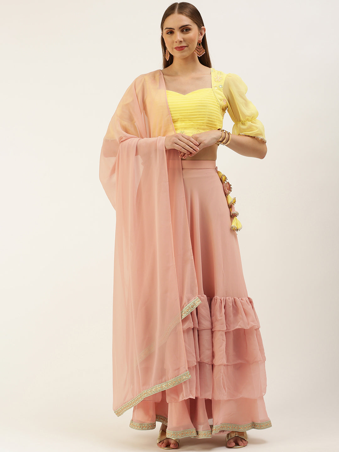 Bollywood Vogue Ready To Wear Yellow N Pink Embroidered Layered Lehenga Set - Additional View 1