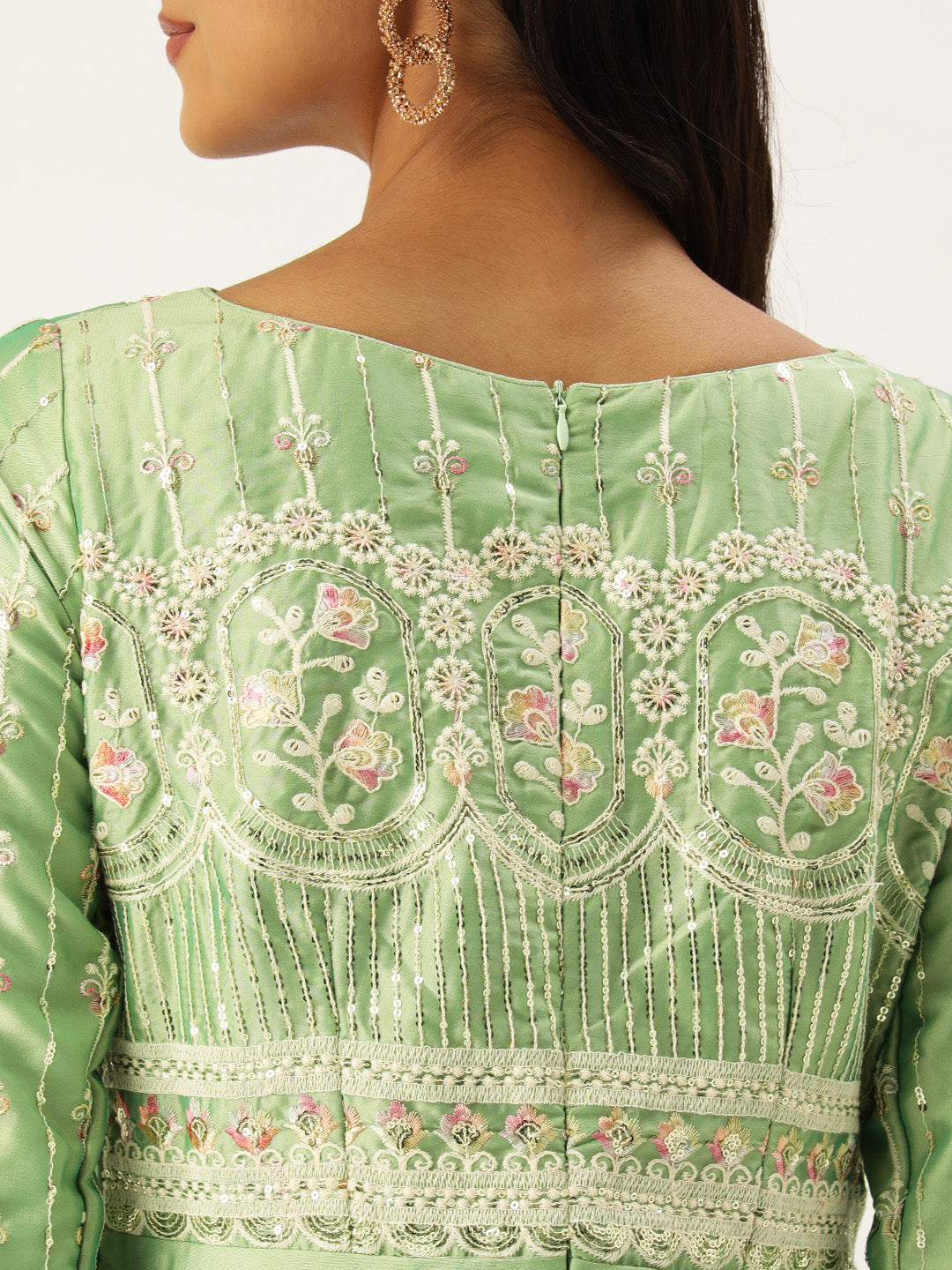 Bollywood Vogue Ready To Wear Green Art Silk Embroidered Patch Style Gown - Additional View 1