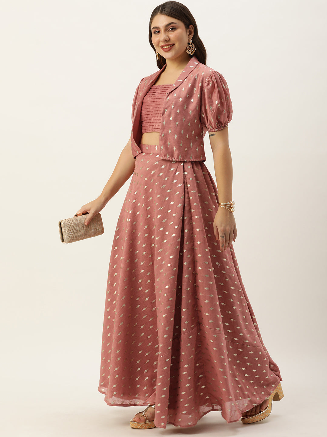 Bollywood Vogue Ready To Wear Peach Foil Printed Crop Top N Skirt With Jacket - Additional View 1