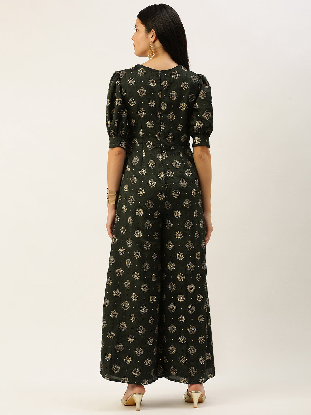 Bollywood Vogue Ready To Wear Green Art Silk Foil Print Jumpsuit - Side View