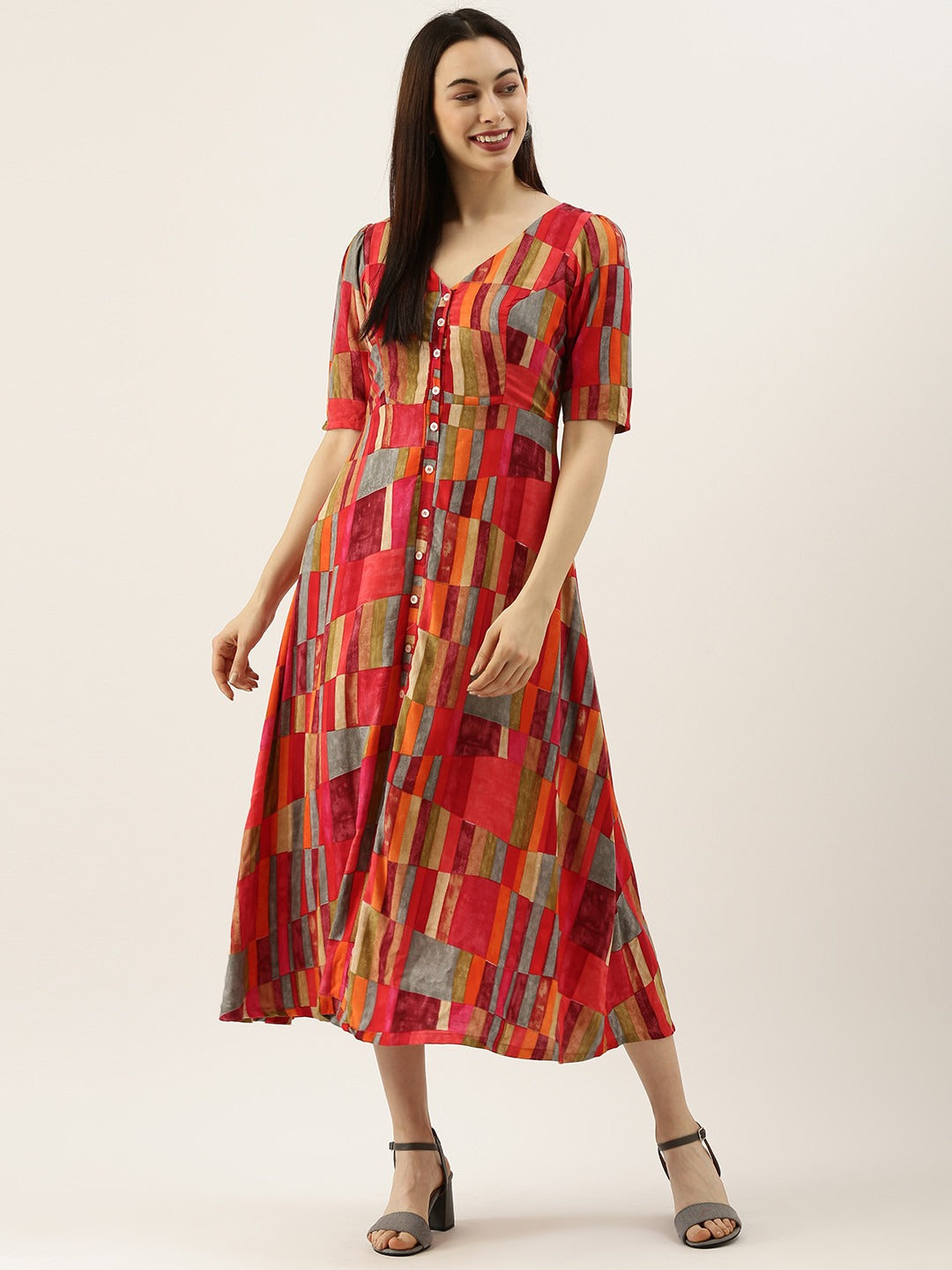 Bollywood Vogue Ready To Wear Multicolored Printed A Line Dress - Front View