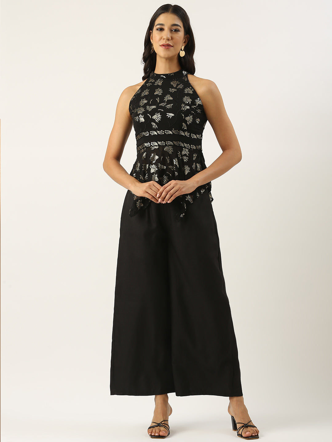 Bollywood Vogue Ready To Wear Black Embroidered Wide Leg Pant Set - Front View