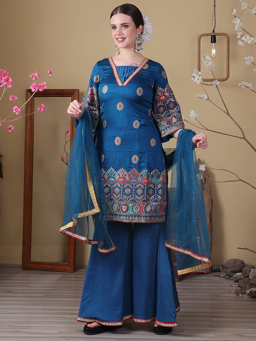 Bollywood Vogue Ready To Wear Blue Art Silk Embroidered Gharara Set - Front View