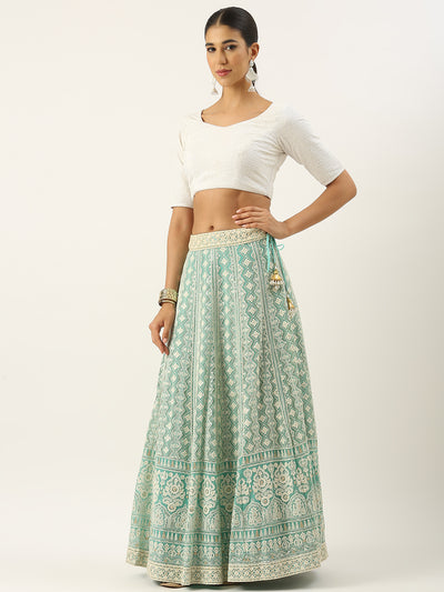 Bollywood Vogue Ready To Wear Off White N Green Embroidered Georgette Lehenga Se - Side View