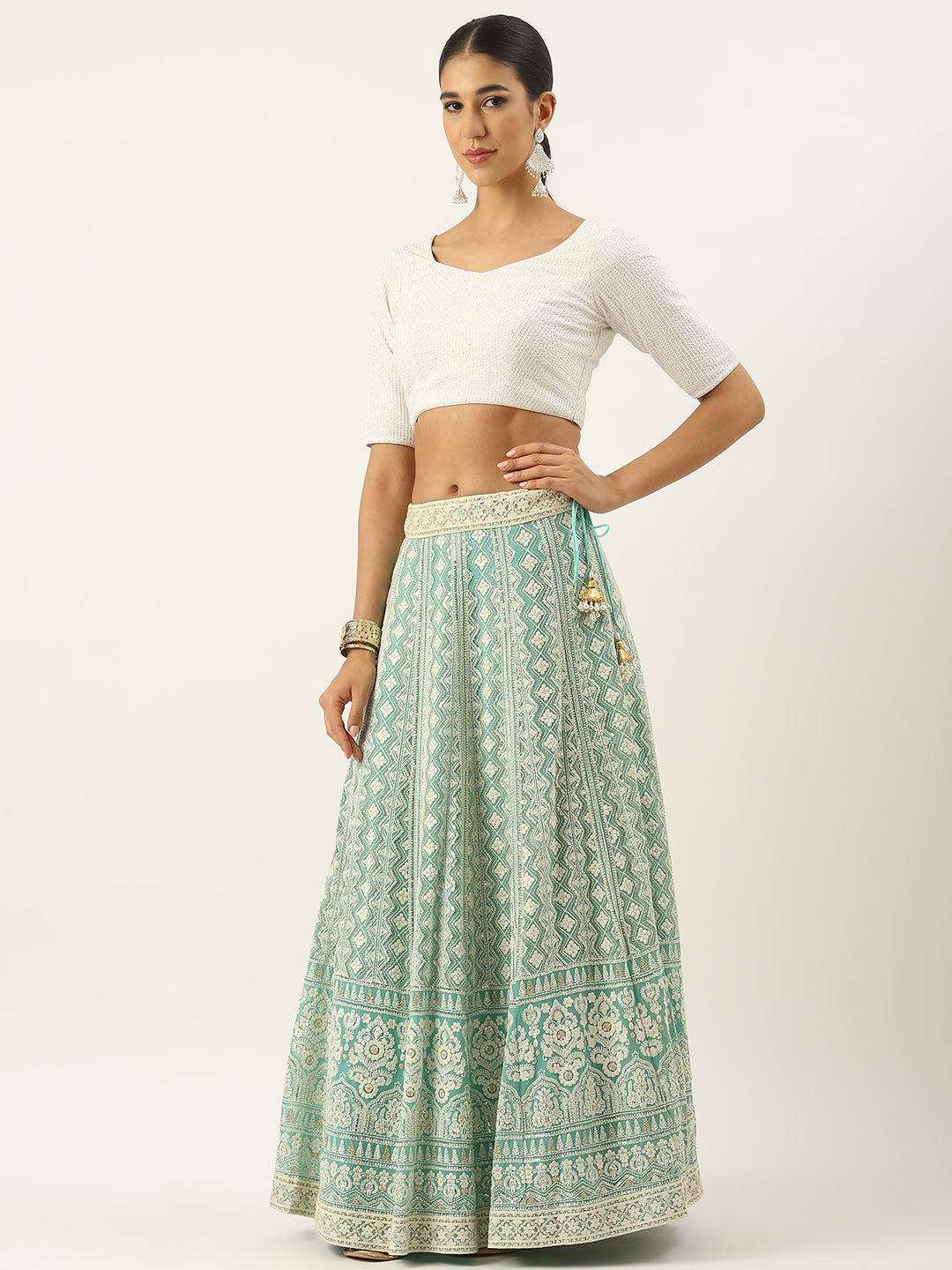 Bollywood Vogue Ready To Wear Off White N Green Embroidered Georgette Lehenga Se - Side View