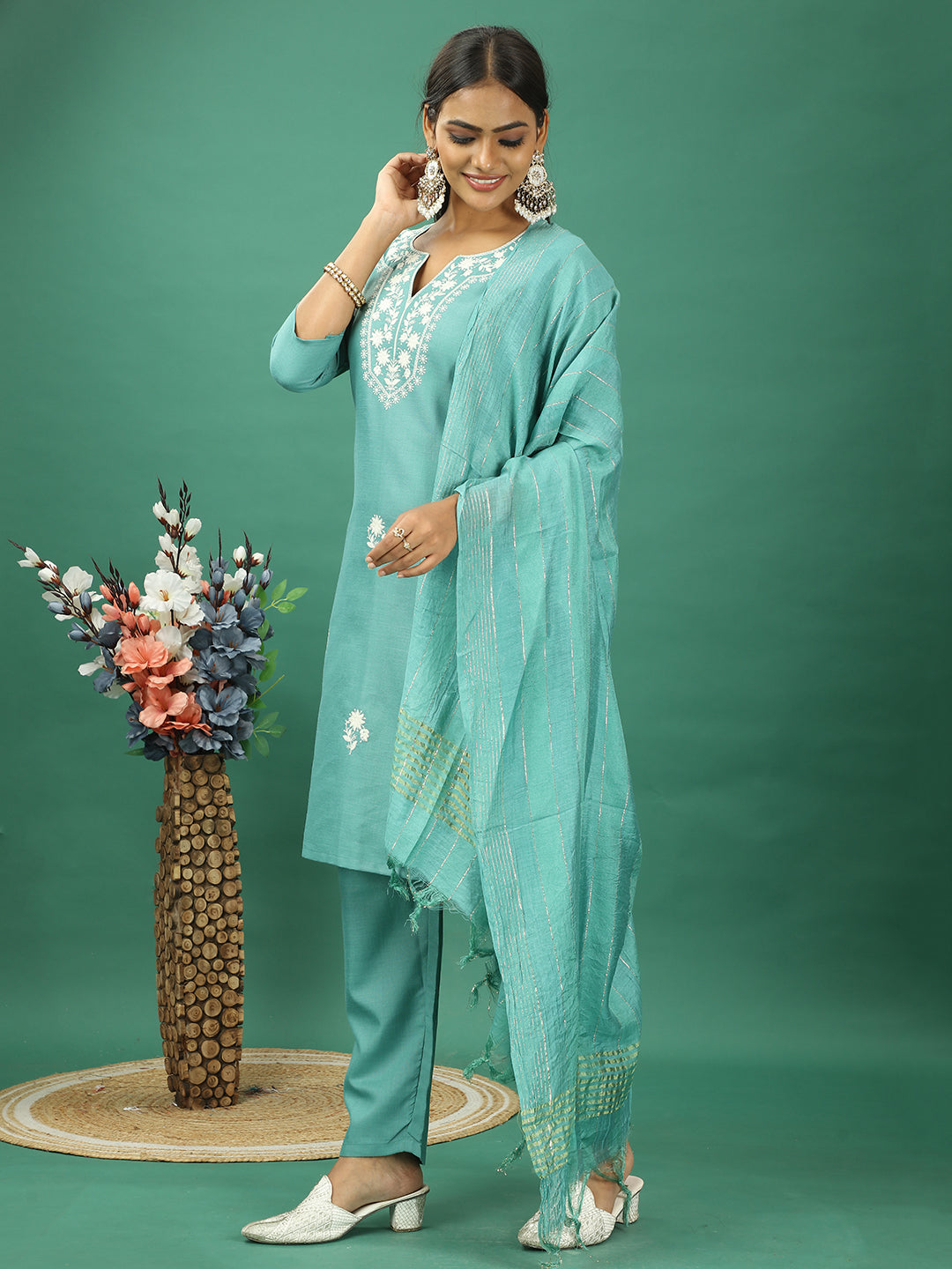 Bollywood Vogue Ready To Wear Green Rayon Embroidered Straight Pant Suit - Side View