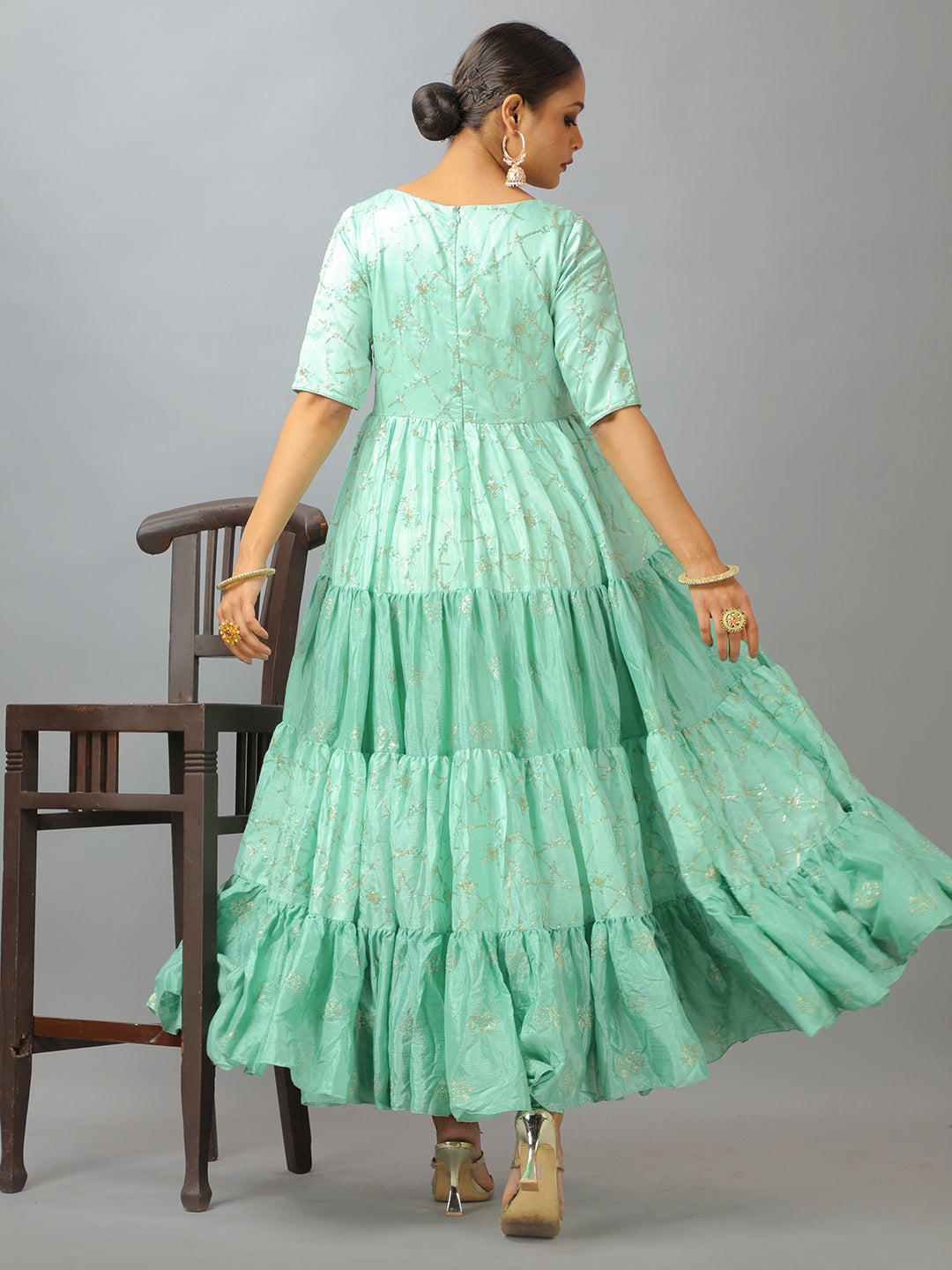 Bollywood Vogue Ready To Wear Classic Pistachio Green Embroidered Anarkali Suit - Back View