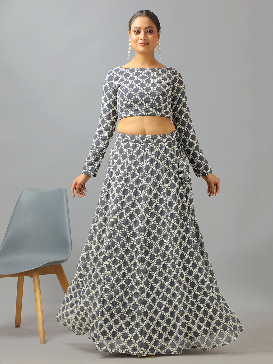 Bollywood Vogue Ready To Wear Grey Georgette Embroidered Lehenga Set - Side View