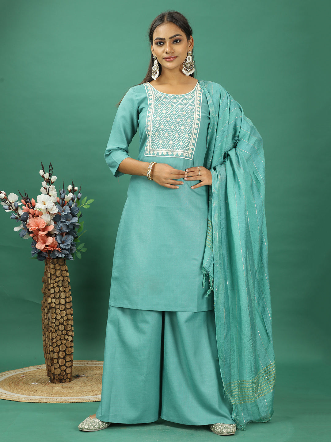 Bollywood Vogue Ready To Wear Green Rayon Embroidered Palazzo Suit - Front View