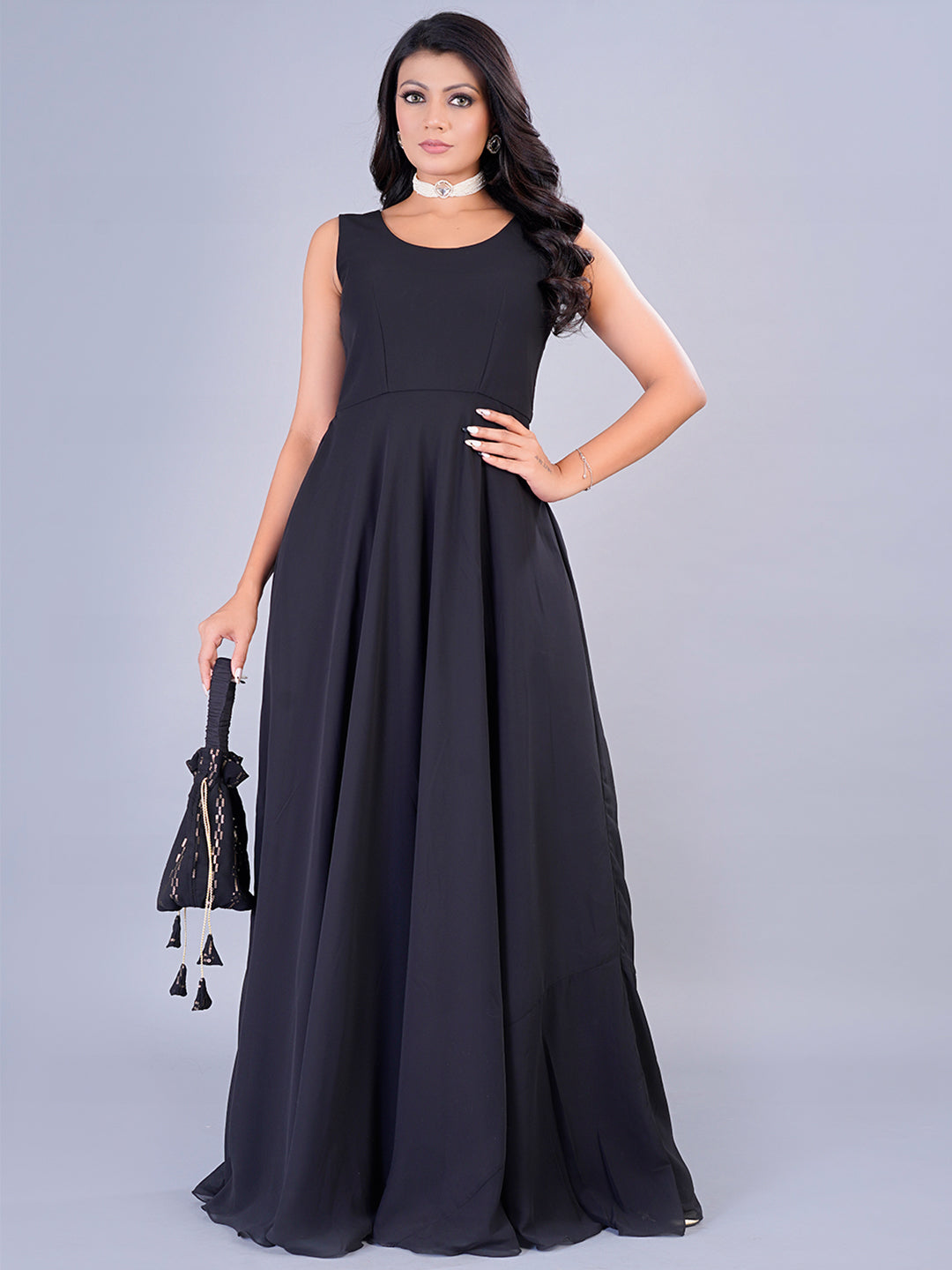 Bollywood Vogue Ready To Wear Embroidered Black Georgette Jacket Gown - Side View