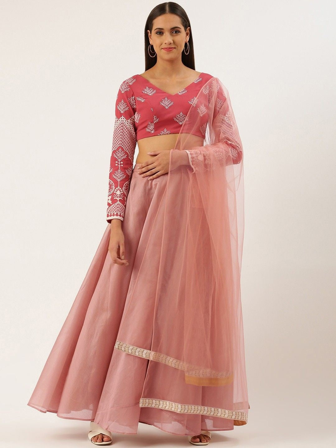 Bollywood Vogue Ready To Wear Mauve Georgette Embroidered Low V Neck Lehenga Set - Front View