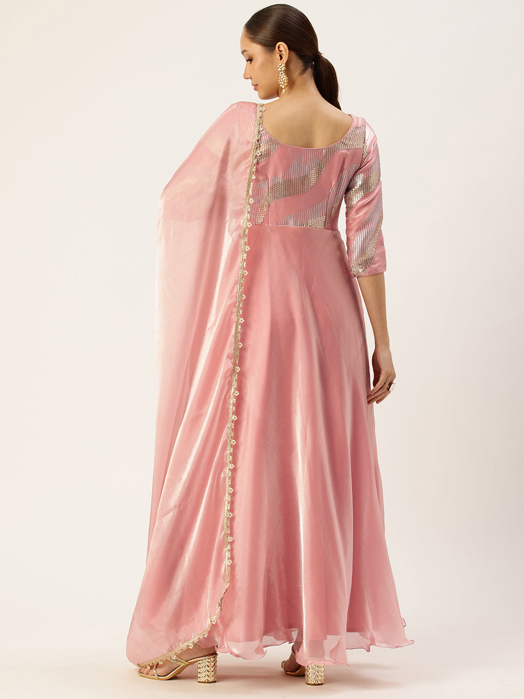 Bollywood Vogue Ready To Wear Peach Organza Satin Embroidered Anarkali Suit - Back View