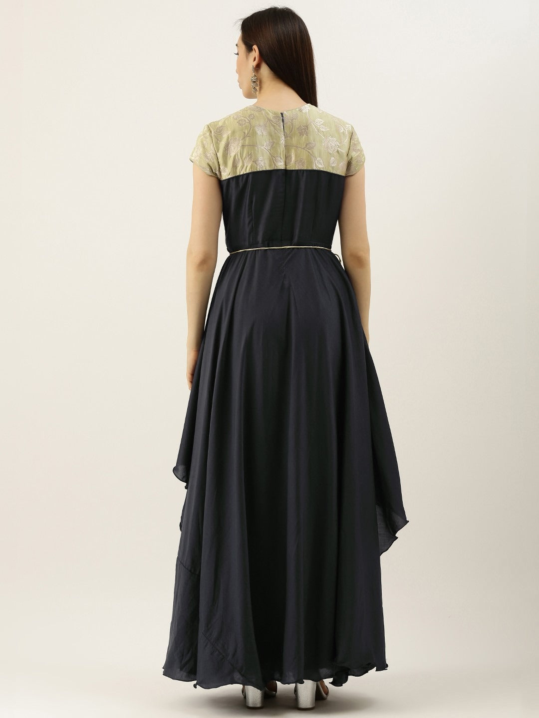 Bollywood Vogue Ready To Wear Green N Dark Grey Layered Floor Length Gown - Back View