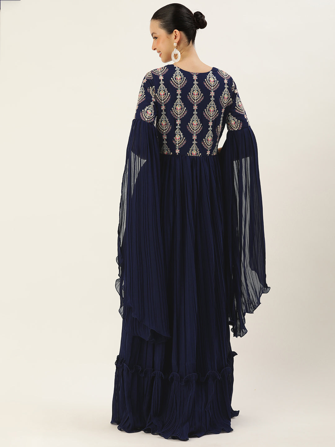 Bollywood Vogue Ready To Wear Navy Blue Embroidered Pleated Georgette Gown - Back View