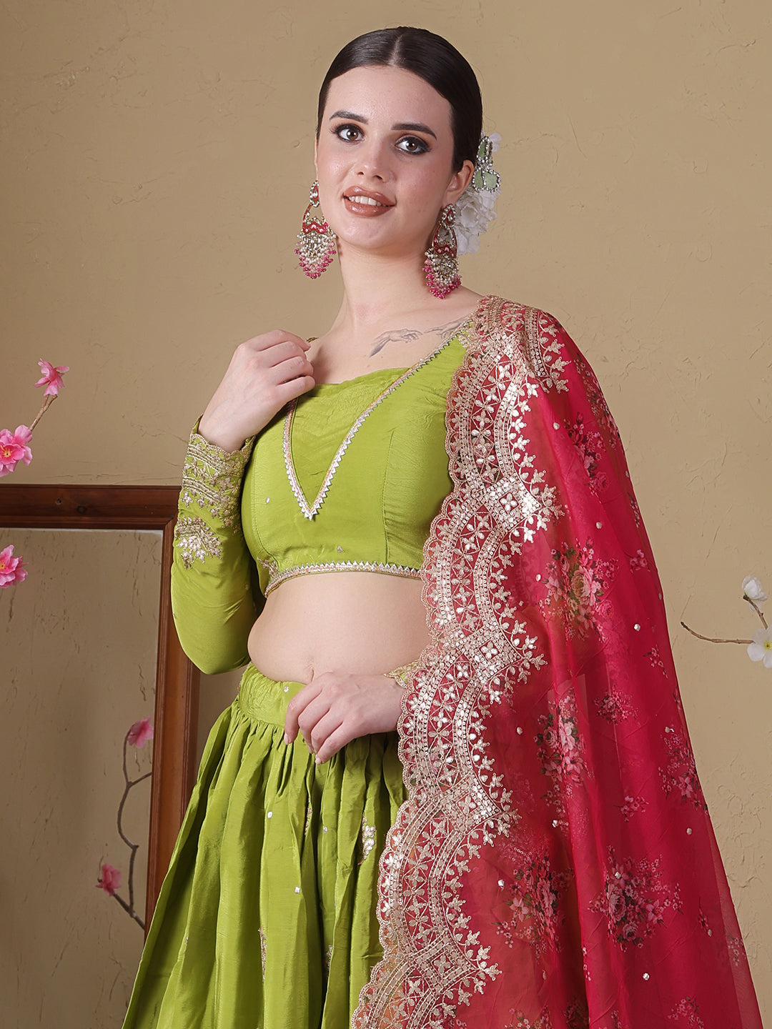 Bollywood Vogue Ready To Wear Pink Organza N Green Viscose Embroidered Lehenga - Look Shot