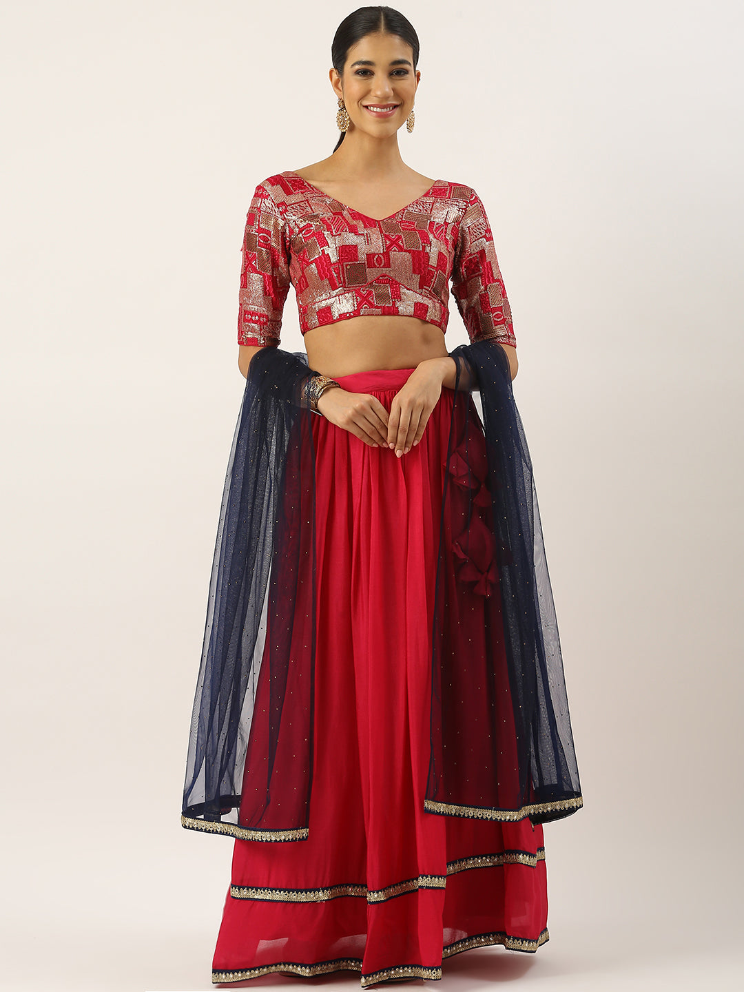Bollywood Vogue Ready To Wear Pink Chinon Embroidered Gather Style Lehenga Set - Front View