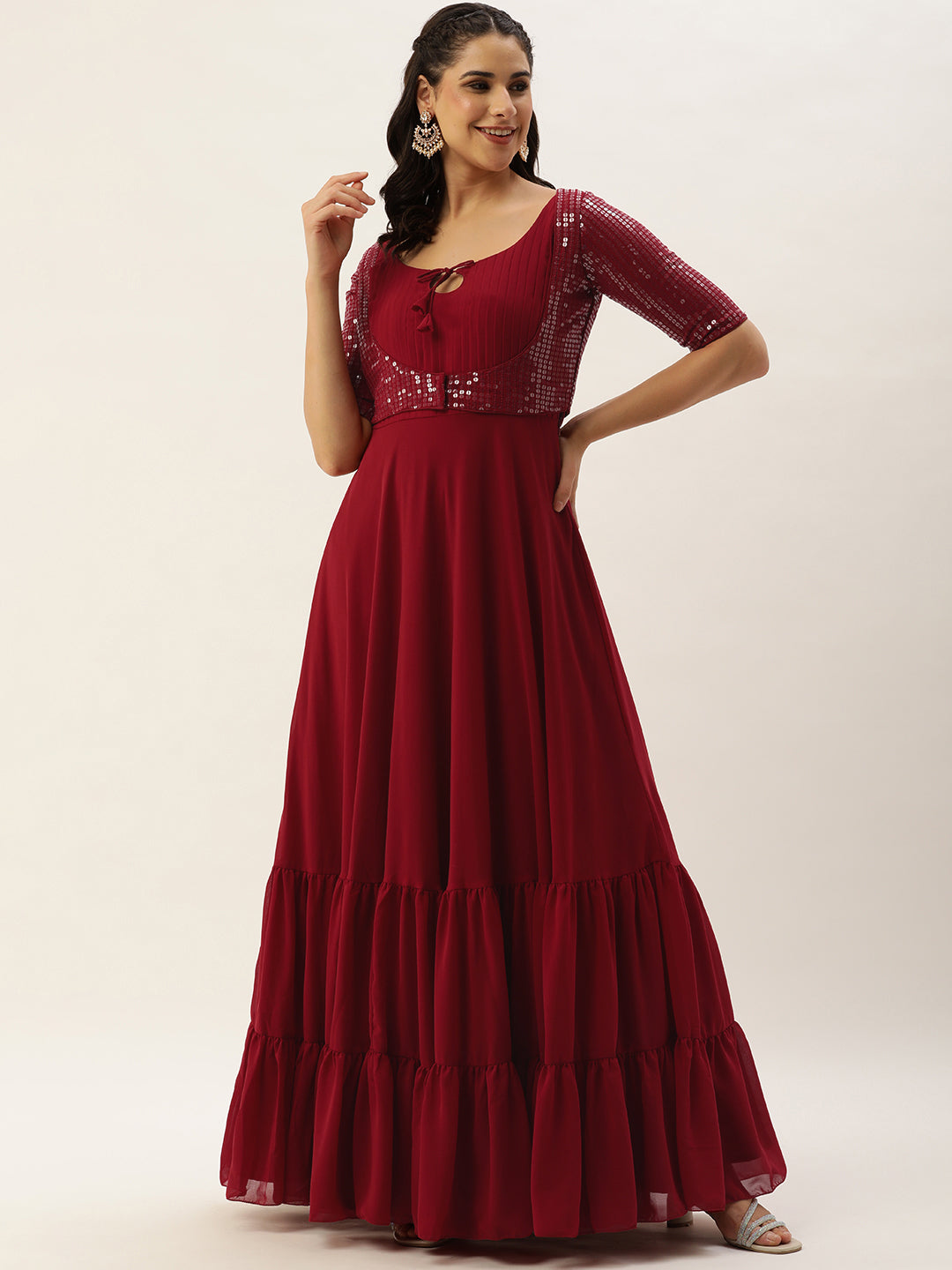 Bollywood Vogue Ready To Wear Maroon Embroidered Georgette Jacket Style Gown - Front View