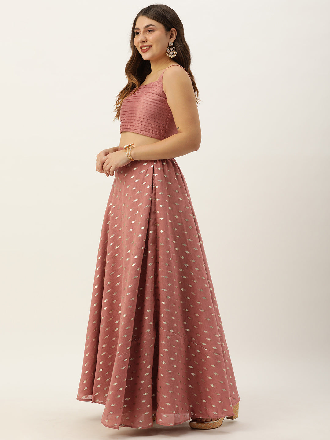 Bollywood Vogue Ready To Wear Peach Foil Printed Crop Top N Skirt With Jacket - Look Shot