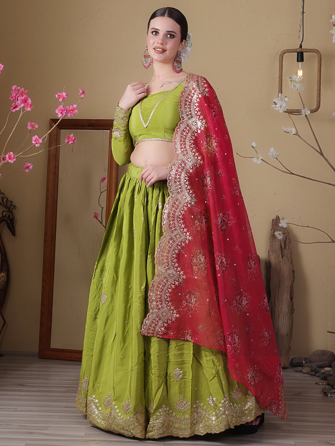 Bollywood Vogue Ready To Wear Pink Organza N Green Viscose Embroidered Lehenga - Front View