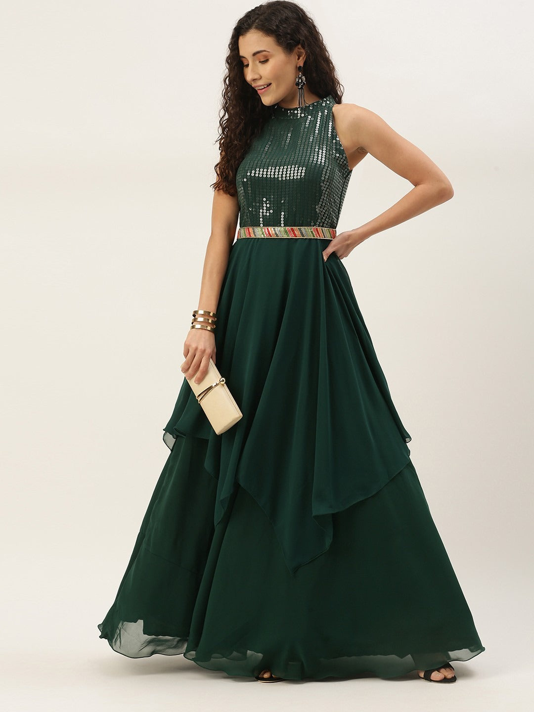 Bollywood Vogue Ready To Wear Green Sequins Handkerchief Gown - Front View