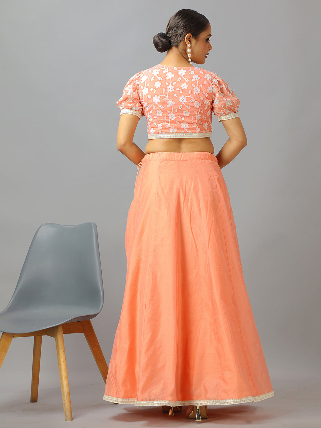Bollywood Vogue Ready To Wear Peach Embroidered Georgette N Art Silk Lehenga Set - Look Shot