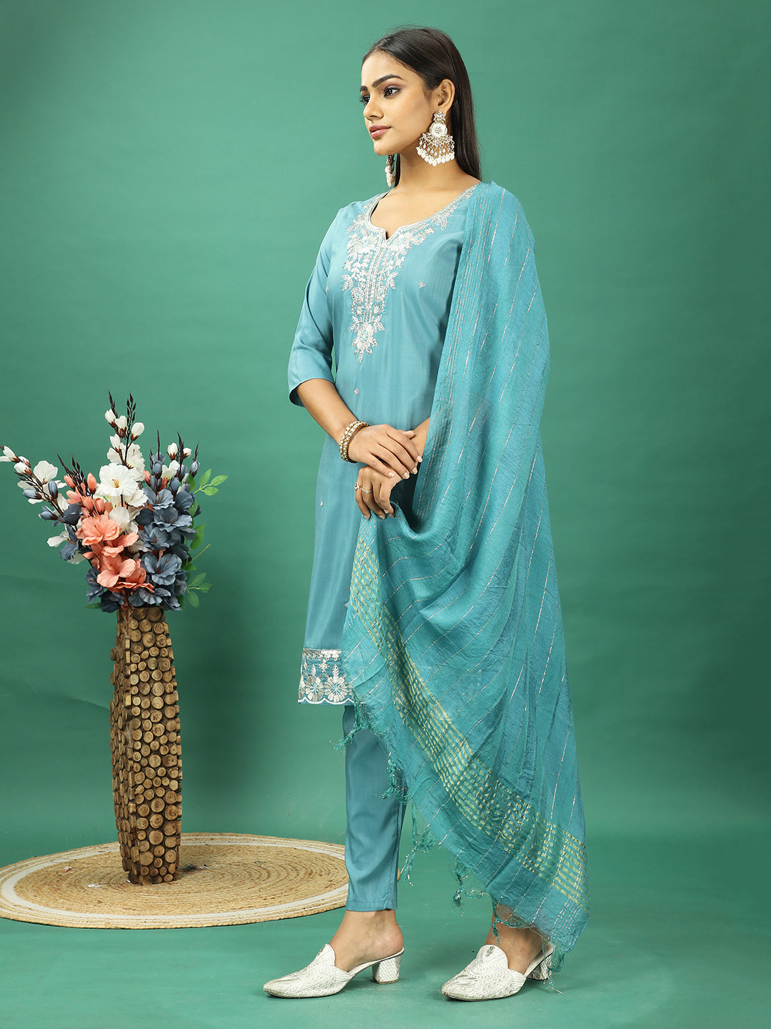 Bollywood Vogue Ready To Wear Turquoise Blue Silk Narrow Straight Pant Suit - Additional View 2
