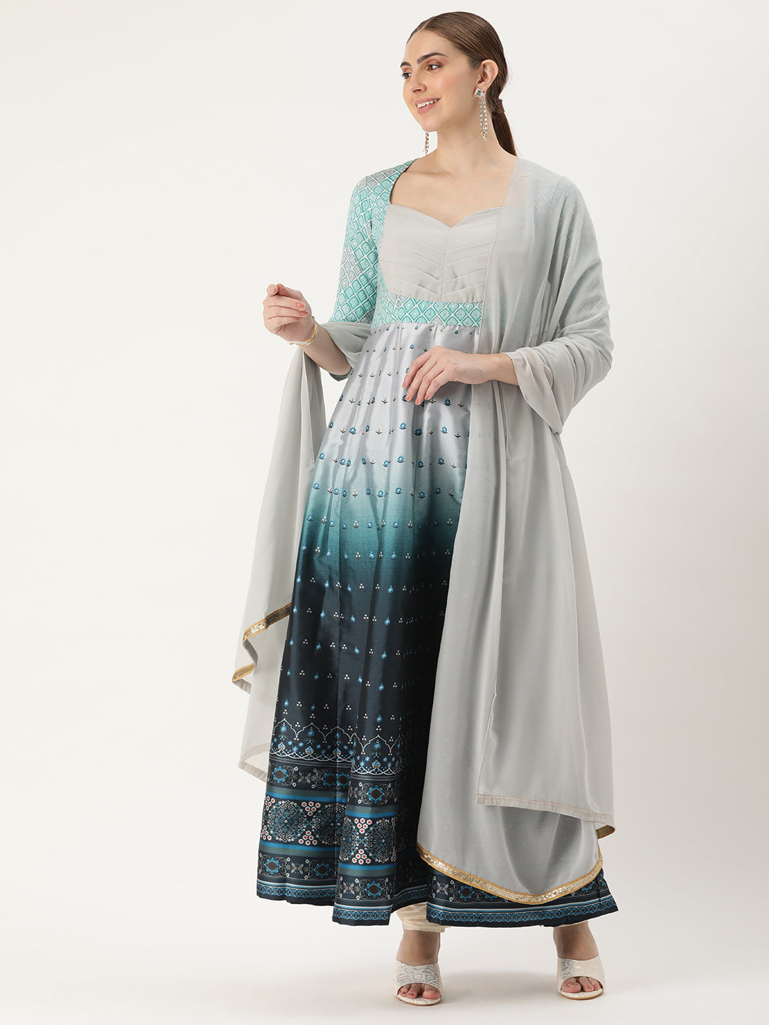 Bollywood Vogue Ready To Wear Blue Printed Kali N Multicolored Embroidered Anarkali Suit - Front View