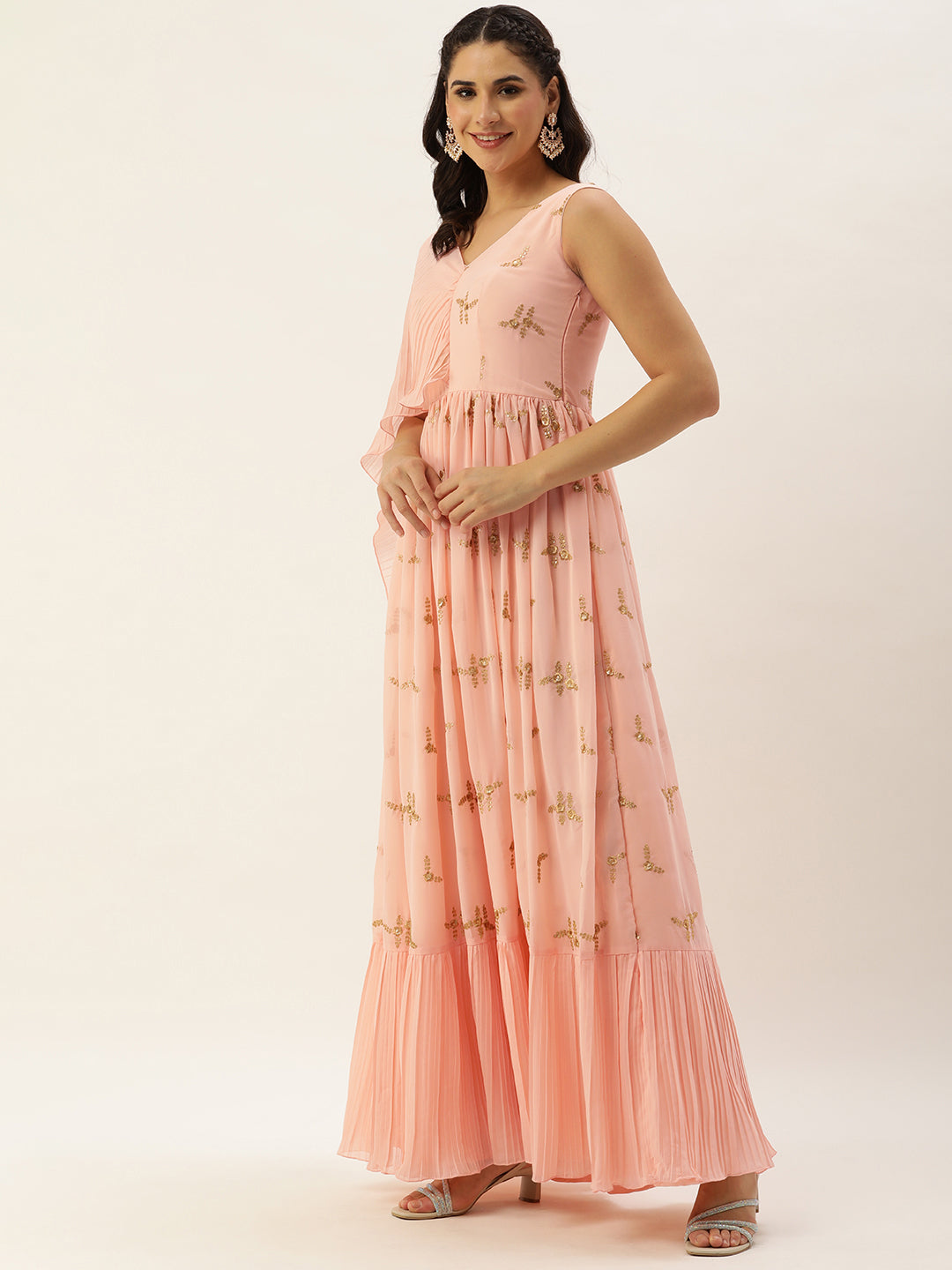 Bollywood Vogue Ready To Wear Peach Embroidered Pleated Georgette Gown - Side View