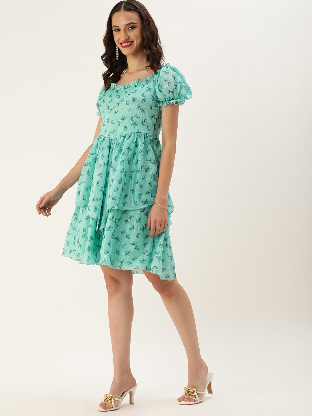 Bollywood Vogue Ready To Wear Mint Blue Chinon Digital Printed Dress - Side View