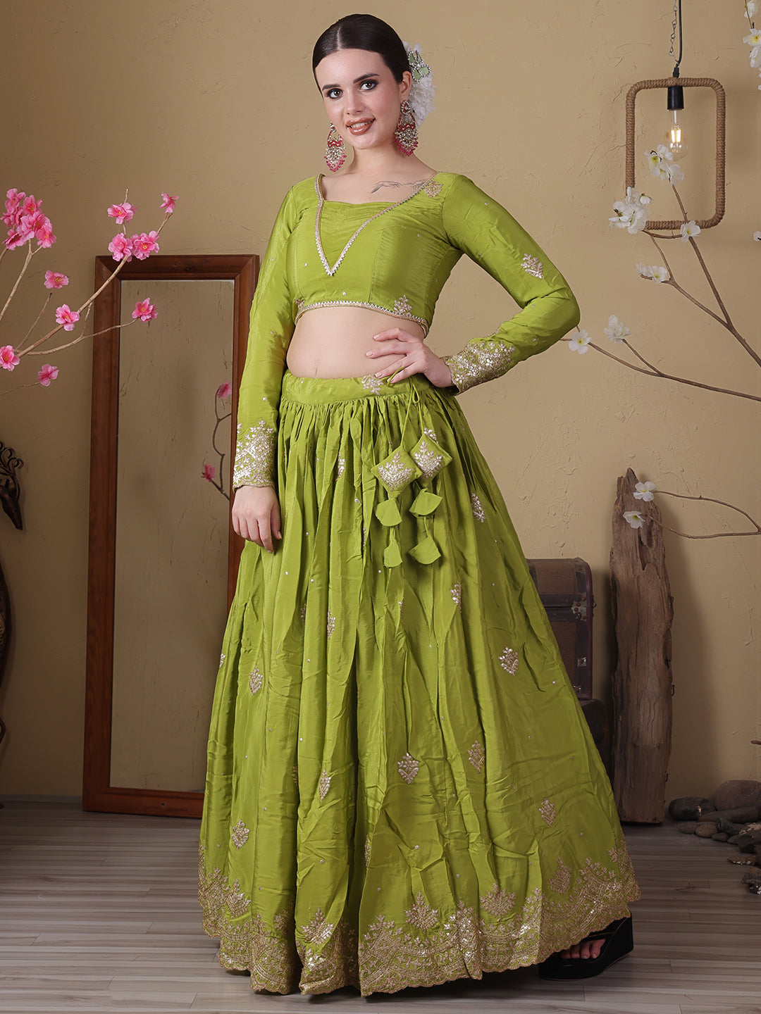 Bollywood Vogue Ready To Wear Pink Organza N Green Viscose Embroidered Lehenga - Side View