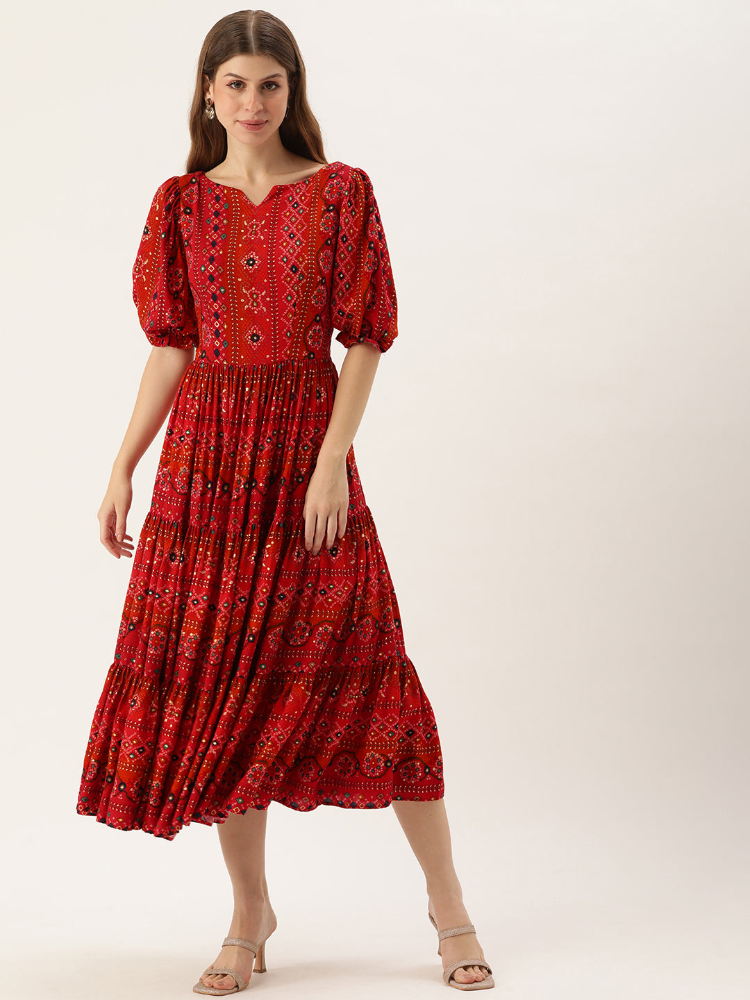Bollywood Vogue Ready To Wear Red Printed Viscose Fabric Dress - Front View