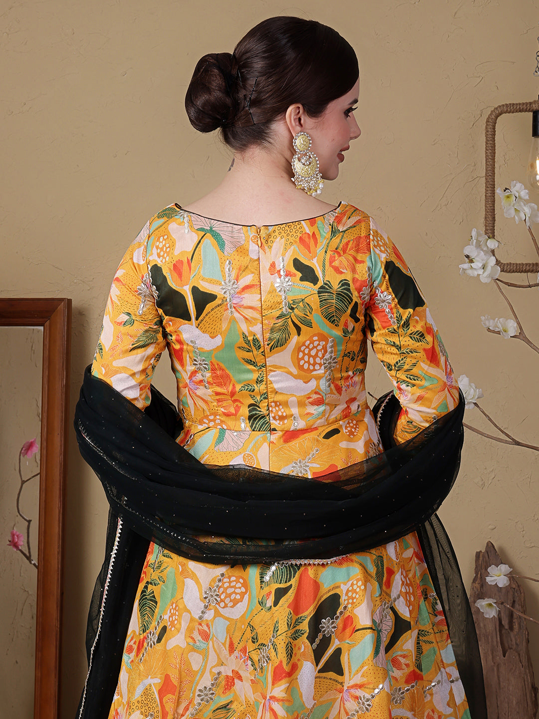 Bollywood Vogue Ready To Wear Green N Yellow Art Silk Embroidered Anarkali Suit - Additional View 1