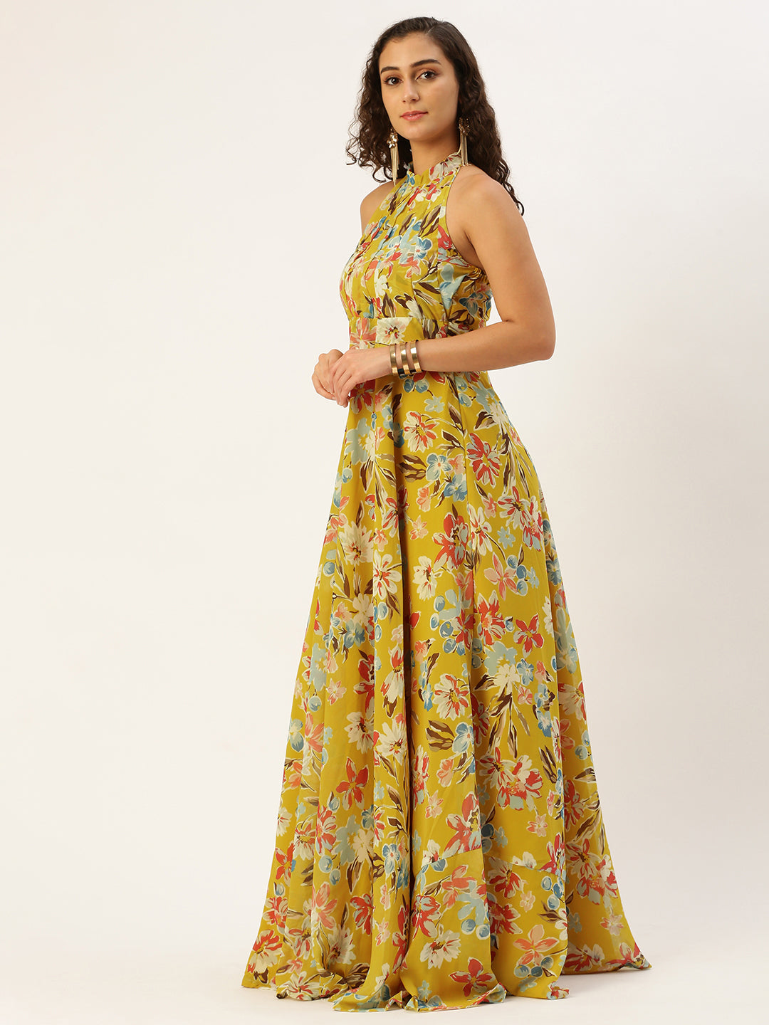 Bollywood Vogue Ready To Wear Yellow Printed Halter Neck Georgette - Detail View
