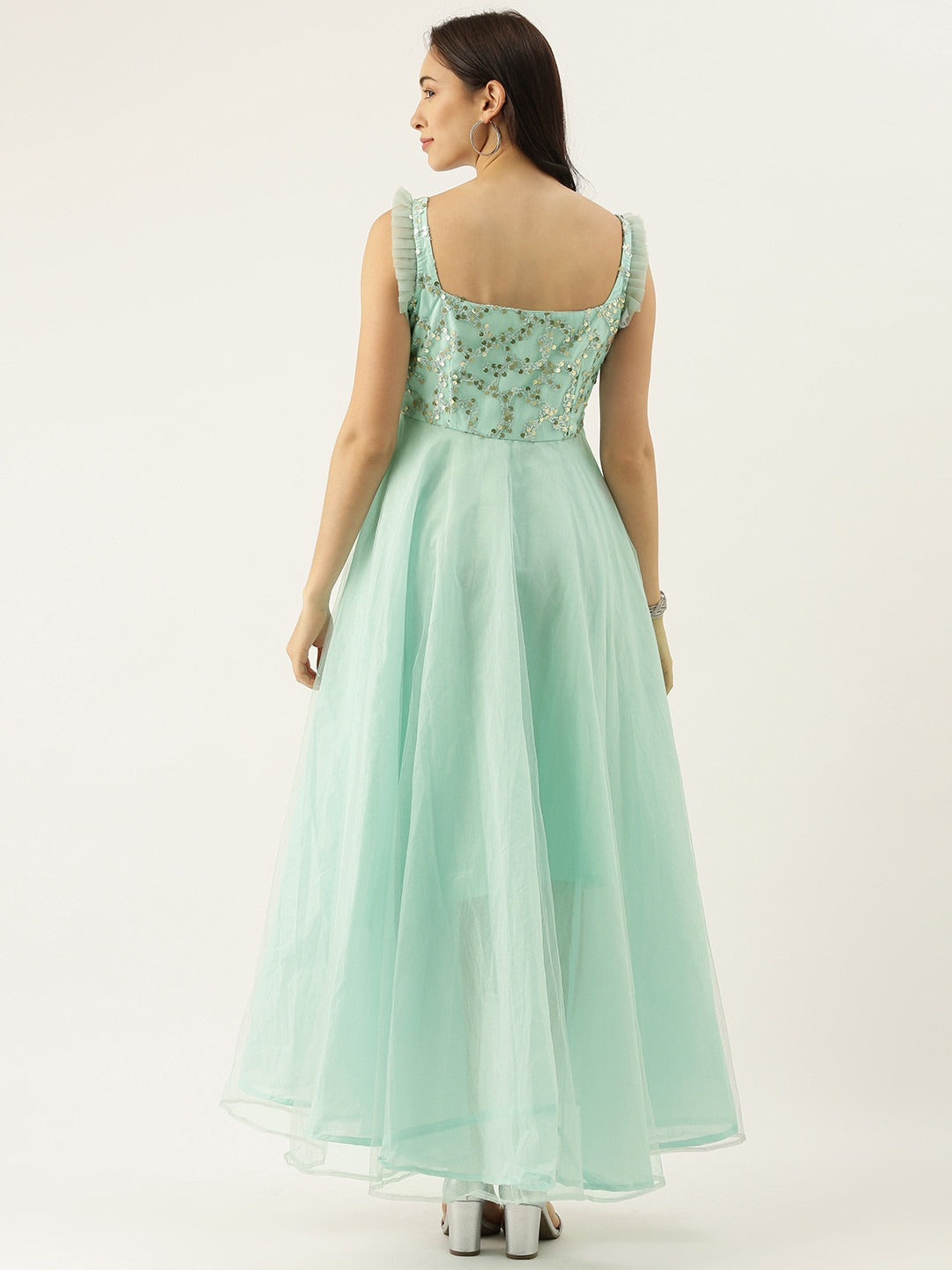 Bollywood Vogue Ready To Wear Sea Blue Embroidered Asymmetrical Gown - Back View