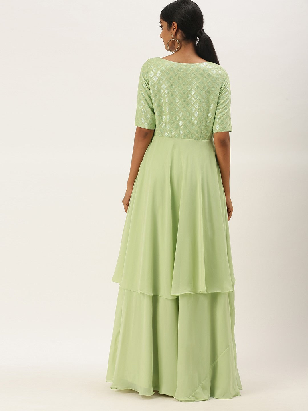 Bollywood Vogue Ready To Wear Green Georgette Embroidered Layered Gown - Back View