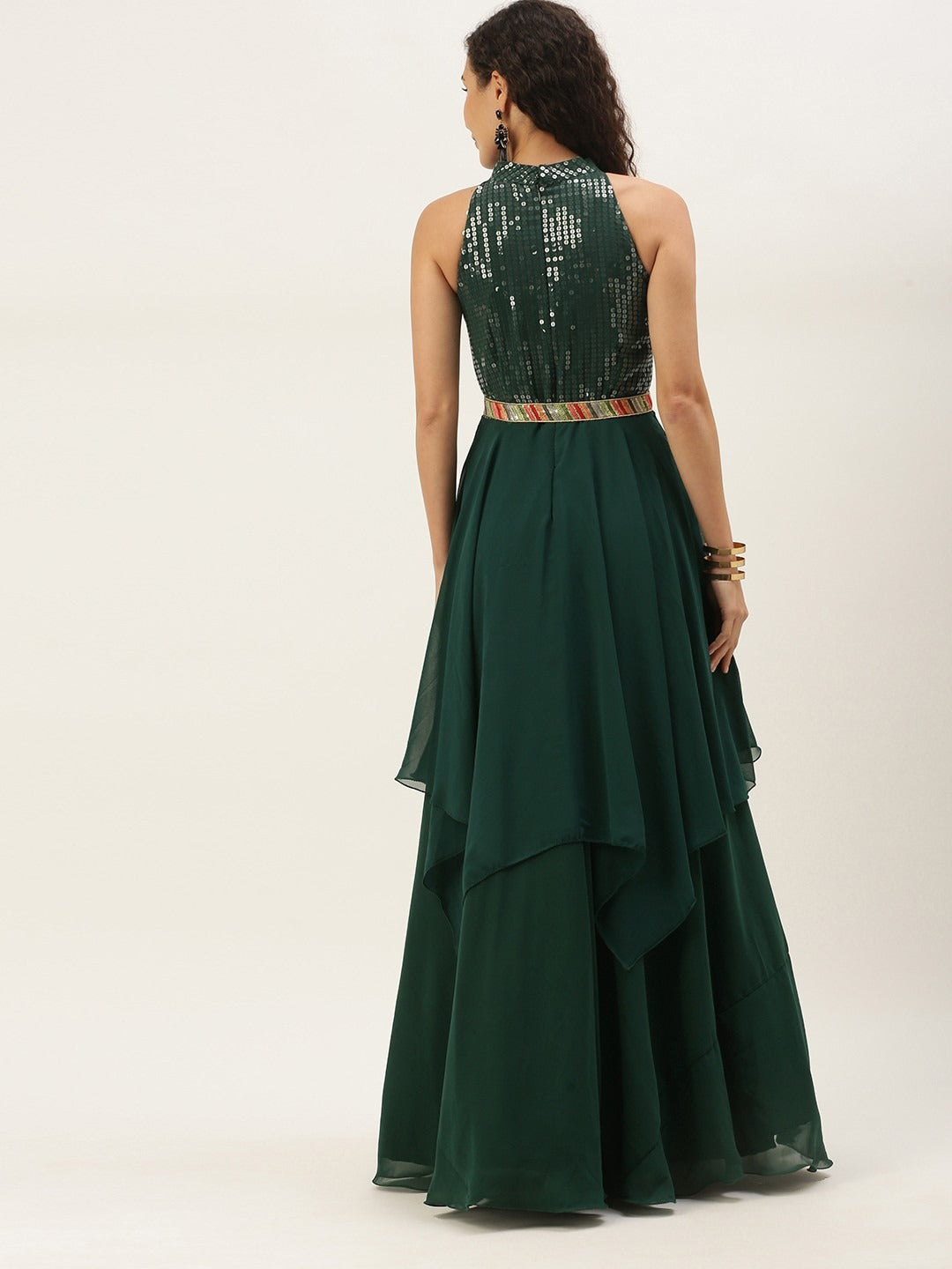 Bollywood Vogue Ready To Wear Green Sequins Handkerchief Gown - Back View